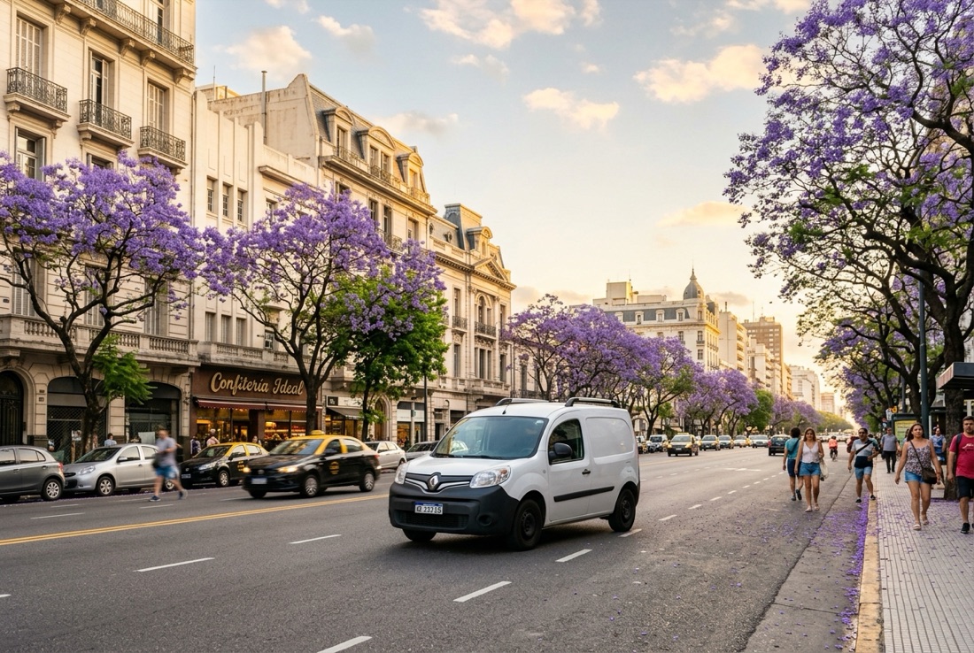 Camioneta de reparto recorriendo una avenida arbolada de Buenos Aires